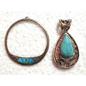 2 Pc Turquoise Pendant Lot Silvertone 925 Inlay Teardrop Filagree Western Native